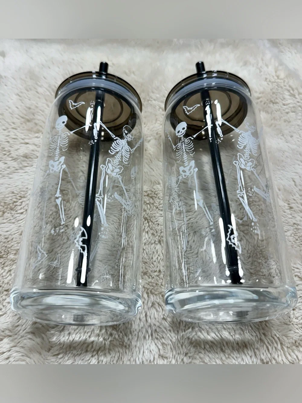 Set of 2 Halloween Dancing Skeleton Glass Can Sipper